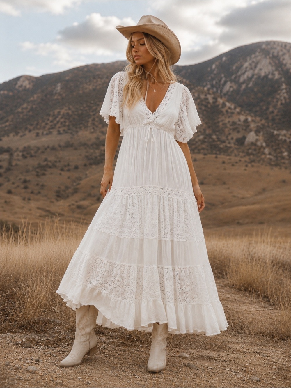 Aveology White Boho Lace Tiered Maxi Dress M-XL Fits Sizes M to XL Cotton EC